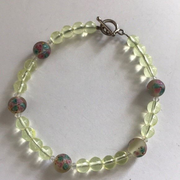 Vintage Hand Painted Flower Frosted Glass Beads Lemon Silver Clasp Bracelet 8 In - Picture 4 of 8